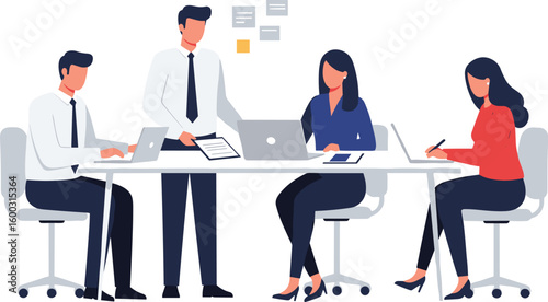 Business Collaboration and Innovation: A modern office setting where a team of colleagues converges around a conference table, engaging in a collaborative discussion on the future of a project.