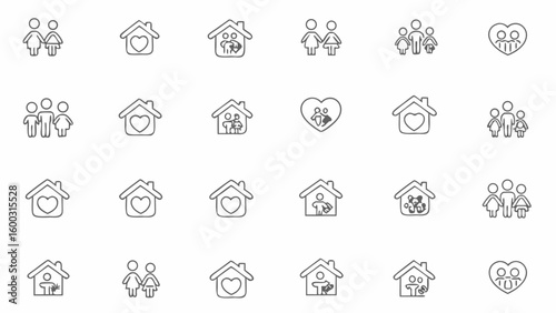 Set of Family and Home Icons in Line Style on White Background for Web and App
