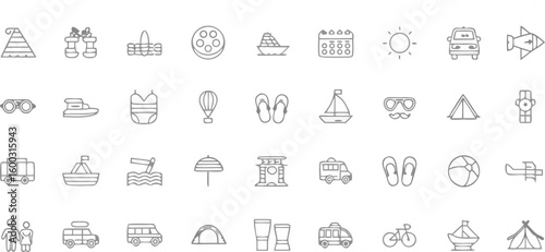 Collection of Summer Vacation and Travel Line Icons Including Beach Camping and Transportation
