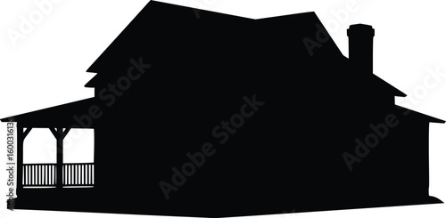 Silhouette of traditional two-story house with steep roof, front porch, chimney, and balanced window design