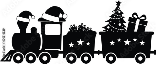 Silhouette of a christmas train with santa claus, decorated tree, and presents across three cheerful wagons

