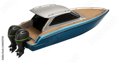 Sporty cabin speedboat with dual outboard engines and a sloping roofline