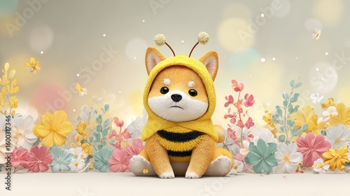 Adorable Bee-Themed Puppy: A delightful and endearing puppy, adorned in a charming bee-themed costume, sits amidst a colorful array of flowers and playful butterflies.