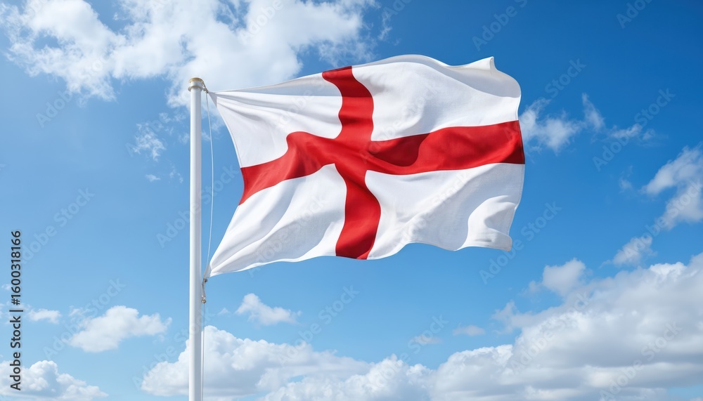 England flag waves in blue sky with clouds. Red and white St Georges Cross on fabric. British national symbol. Bright daylight with wind, representing pride, identity, culture, heritage, history. England flag waves in blue sky with clouds. Red and white St Georges Cross on fabric. British national symbol. Bright daylight with wind, representing pride, identity, culture, heritage, history.