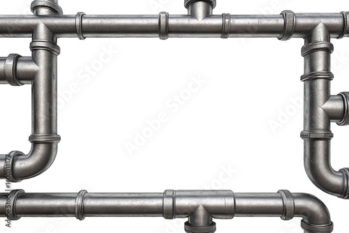 Industrial metal pipe frame with joints, isolated on transparent cutout background