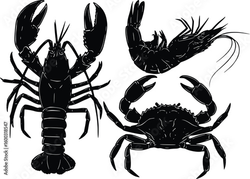 Silhouette of lobster and crab side by side with detailed claws and legs