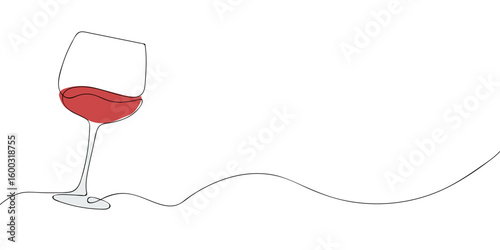 Glass of red wine drawn in continuous line style on white background. Minimalist contour illustration of drinkware. Alcoholic beverage and wine tasting concept for design and print.