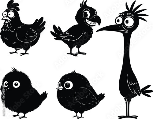 Silhouette of four cartoon birds with different expressions and poses showing curiosity, surprise, calmness, and mischief