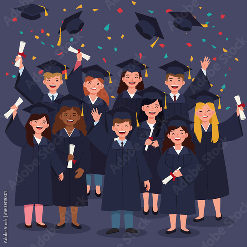 Joyful graduating class celebrates their academic achievement with diplomas and tossed caps.