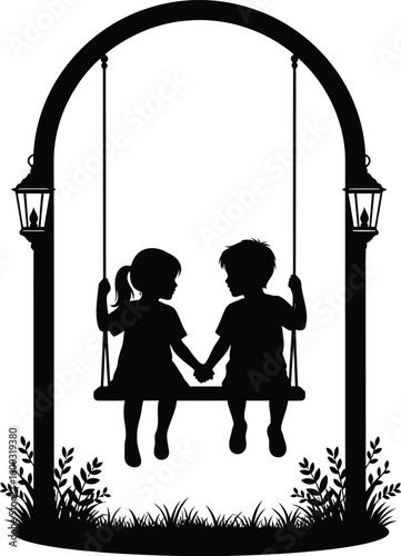 Silhouette of two children holding hands on a swing set under an arch