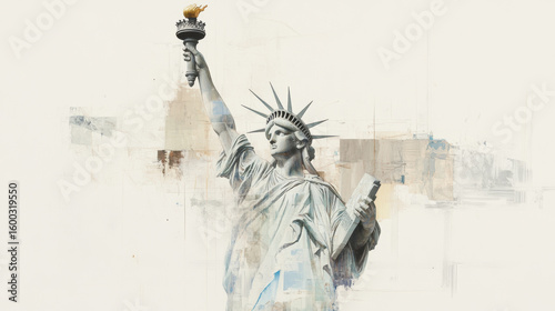 Watercolor style painting of statue holding torch, symbolizing freedom and democracy. artwork features abstract elements and soft color palette, evoking sense of inspiration and hope