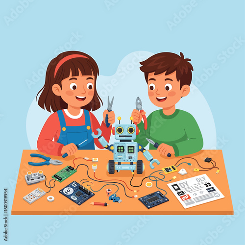 Two children are happily working together to assemble a robot, surrounded by various tools and components on a table.