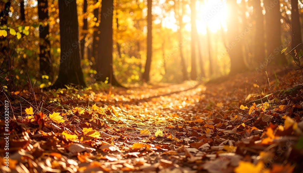 Obraz premium Walking the Autumn Path Through Golden Sunlight and Fallen Leaves