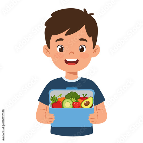 Smiling boy holding a lunchbox filled with healthy fruits and vegetables.