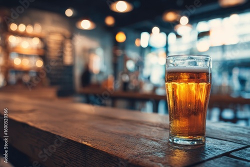 A pint of golden beer sits on a wooden bar with soft lighting and a blurred background suggesting a pub