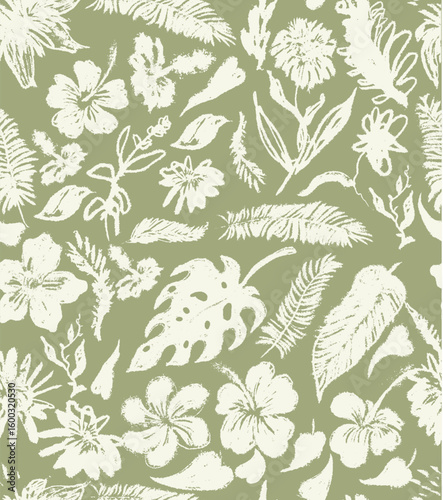 Flower hand drawn art seamless pattern, brush style texture on pastel background. Leaf pattern, leaves pattern. Floral grunge vector background. Flower pattern, abstract seamless pattern.