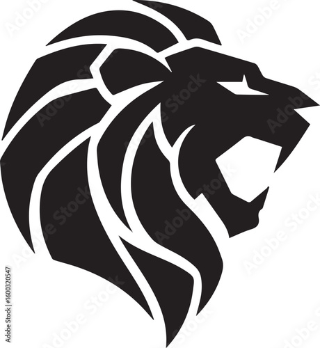 Stylized roaring lion head profile. A modern graphic vector illustration of a fierce wild cat mascot, emblem, or tribal tattoo design element.