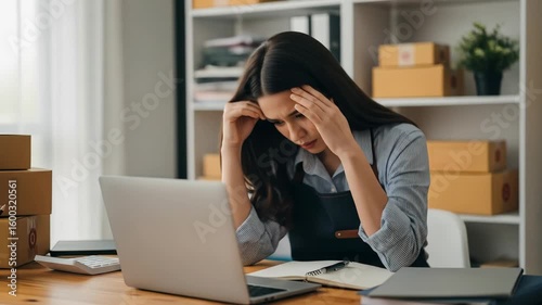Overwhelmed Female Entrepreneur Struggling with E-commerce Logistics and Business Stress