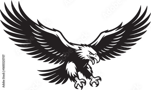 Fierce eagle mascot with spread wings in an aggressive landing pose. Vector illustration emblem isolated on a white background.