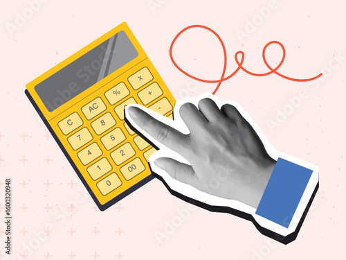 Hand clicks button on a calculator. Modern photo collage style. Vector illustration