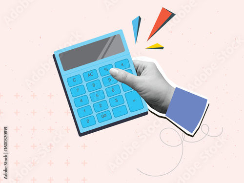 Hand holding a calculator. Modern photo collage style. Vector illustration