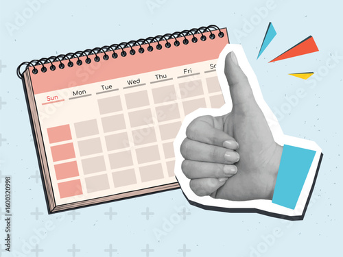 A black and white hand with thumbs up gesture and a calendar. Modern photo collage style. Vector illustration