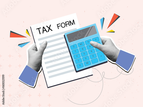 Tax calculation - hand with a calculator and paper tax form. Modern collage style. Vector illustration