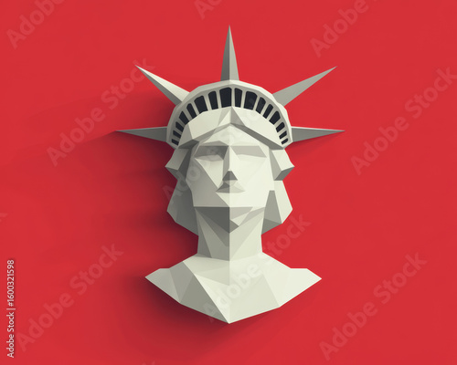 Abstract interpretation of geometric representation of Lady Liberty against vibrant red background, showcasing modern art style and high fidelity details