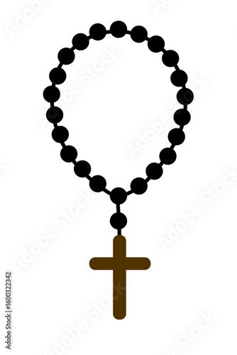 Catholic rosary with cross, black prayer beads and wooden crucifix, religious vector illustration