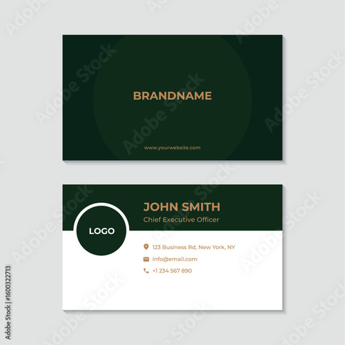 Modern Corporate Business Card Template with Olive Green and Gold Accents. High quality vector design offering a contemporary, professional, and understated aesthetic.