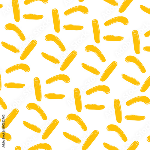 A simple and seamless pattern fun flat design illustration of yellow macaroni pasta with smooth curves, perfect for food-themed graphics and playful artwork.