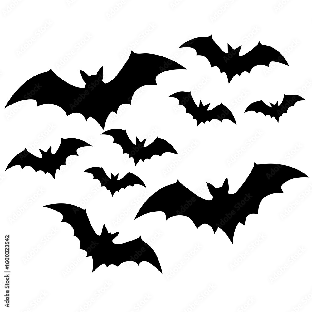 Fototapeta premium Black Bat Silhouettes Flying on White Background for Halloween Decoration