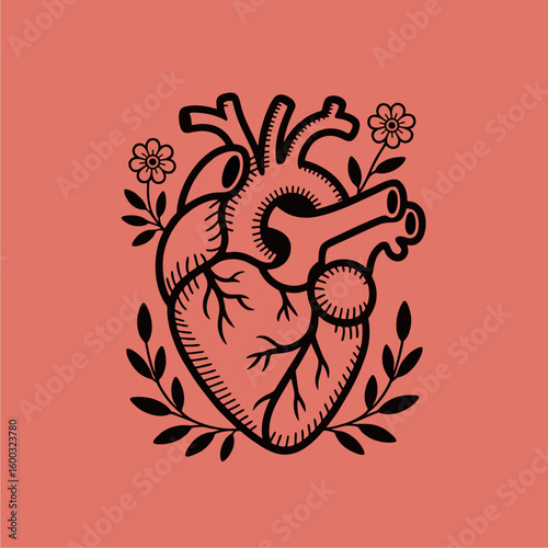 Ornate black line art heart design, surrounded by floral elements, on a coral background.