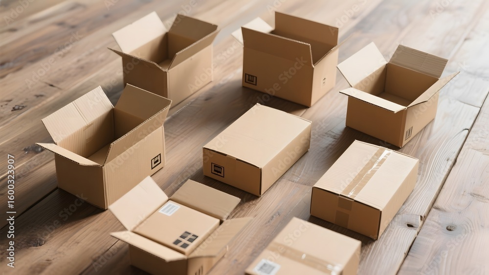 Assorted cardboard boxes arranged on a wooden floor, some open and others closed. Assorted cardboard boxes arranged on a wooden floor, some open and others closed.