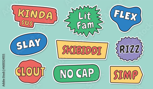 Colorful gen z slang words catchphrases sticker set