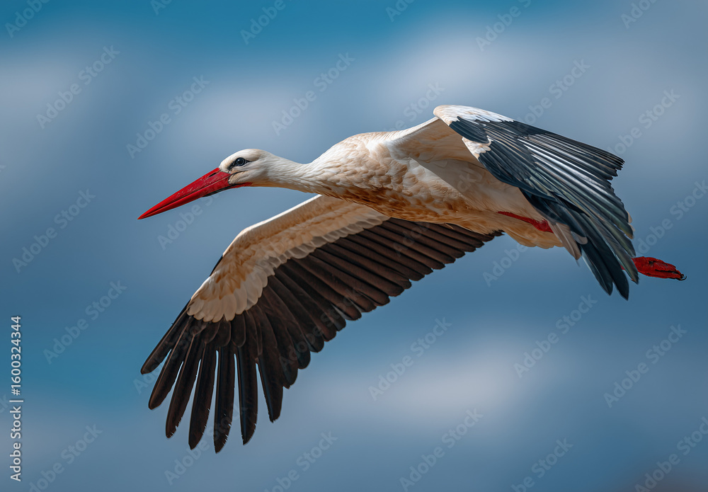 Obraz premium White stork in flight against a blue sky