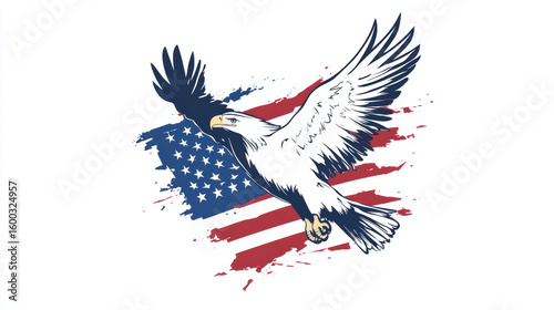 Flying bald eagle with outstretched wings against backdrop of American flag, symbolizing freedom and patriotism. design features bold colors and dynamic movement, evoking sense of pride