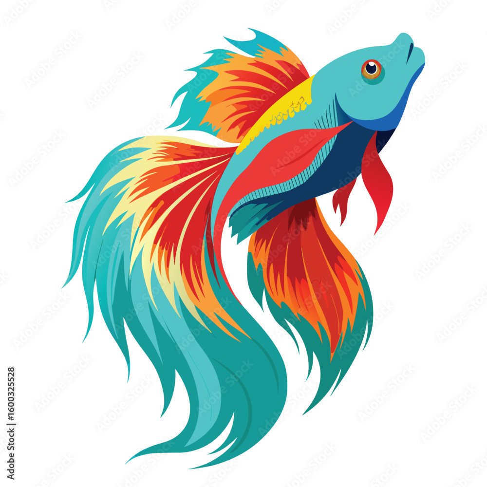 Fototapeta premium A graceful colorful betta fish swimming with flowing fins, on a clean white background, capturing its elegant movement.