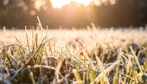 Frosty grass field bathed in sunlight