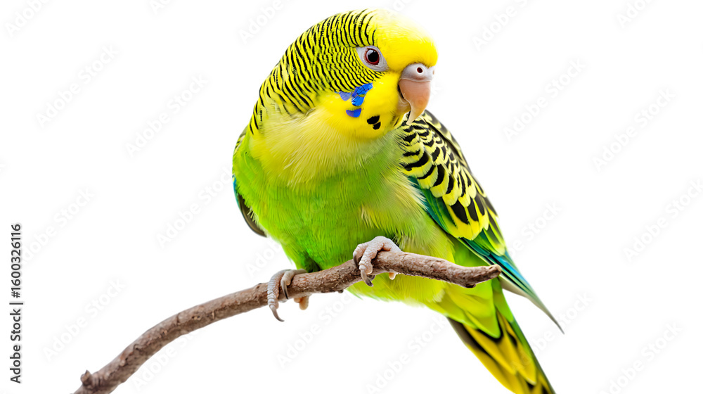 Fototapeta premium Colorful green budgerigar perched on branch isolated on white background for pet and bird lover concept 