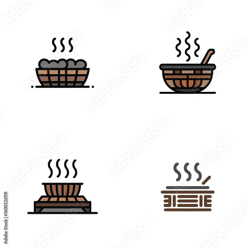 Four Illustrations of Steaming Wooden Tubs and Basins in Brown and Gray Color Palette Simple Line Art Style Wellness Spa Relaxation Hot Tub