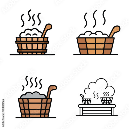 Four Illustrations of Wooden Hot Tubs with Steam and Ladles Different Styles and Colors Brown and Gray Tones Simple Line Art Design for Spa