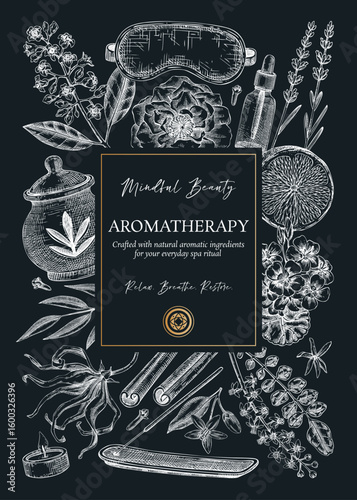 Aromatherapy elegant frame design. Spa and wellness hand-drawn vector illustration. Self care floral card, cover, flyer template. NOT AI generated