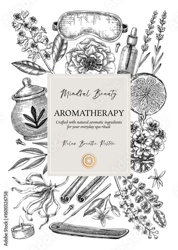Aromatherapy elegant frame design. Spa and wellness hand-drawn vector illustration. Self care floral card, cover, flyer template. NOT AI generated