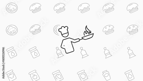 Illustration of a chef cooking with a pan and flame surrounded by food items and condiment jars silhouette