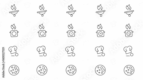 Line art showcasing cooking related icons including grill, pot, chef hat, and pizza in a pattern layout silhouette