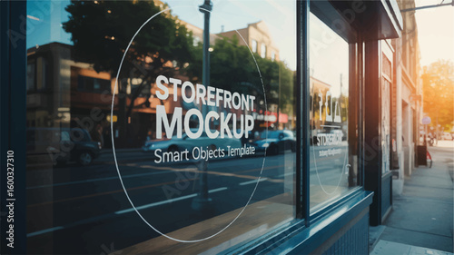 Storefront window reflection with street view city