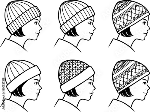 Collection of six stylized profile illustrations of women wearing different beanies