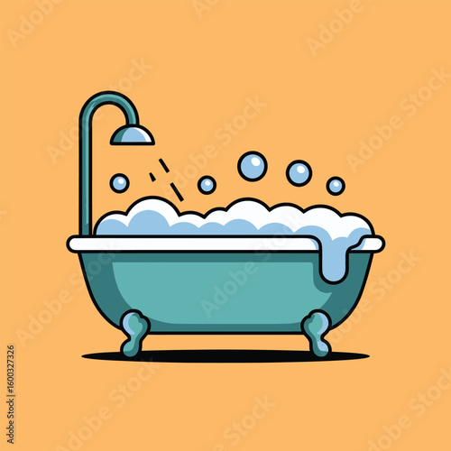 Teal Bathtub Filled with White Suds and Bubbles Under a Shower a Cute Vector Style Illustration on an Orange Background