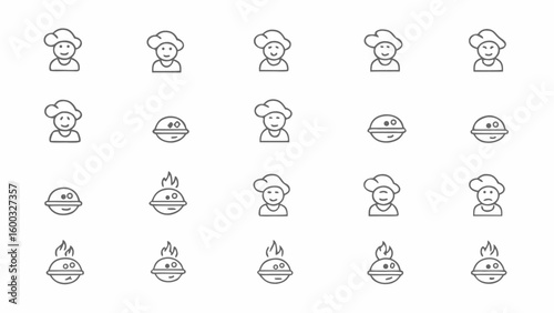 Collection of chef icons and food icons with various expressions and some with flames, line art style silhouette